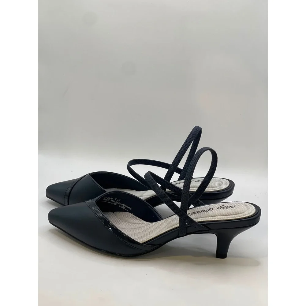 Easy Street Unna Navy Blue Slingback Kitten Heel Pumps 7W Pointed Toe